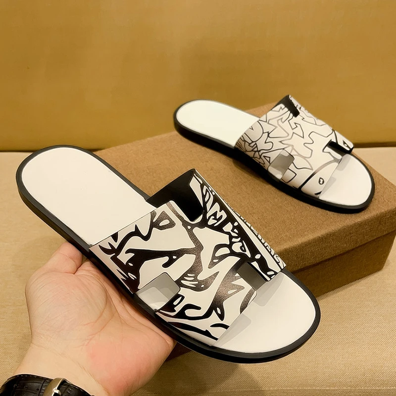 SCAVIOLA网红款拖鞋男真皮涂鸦风平底外穿凉拖鞋休闲百搭男式凉拖