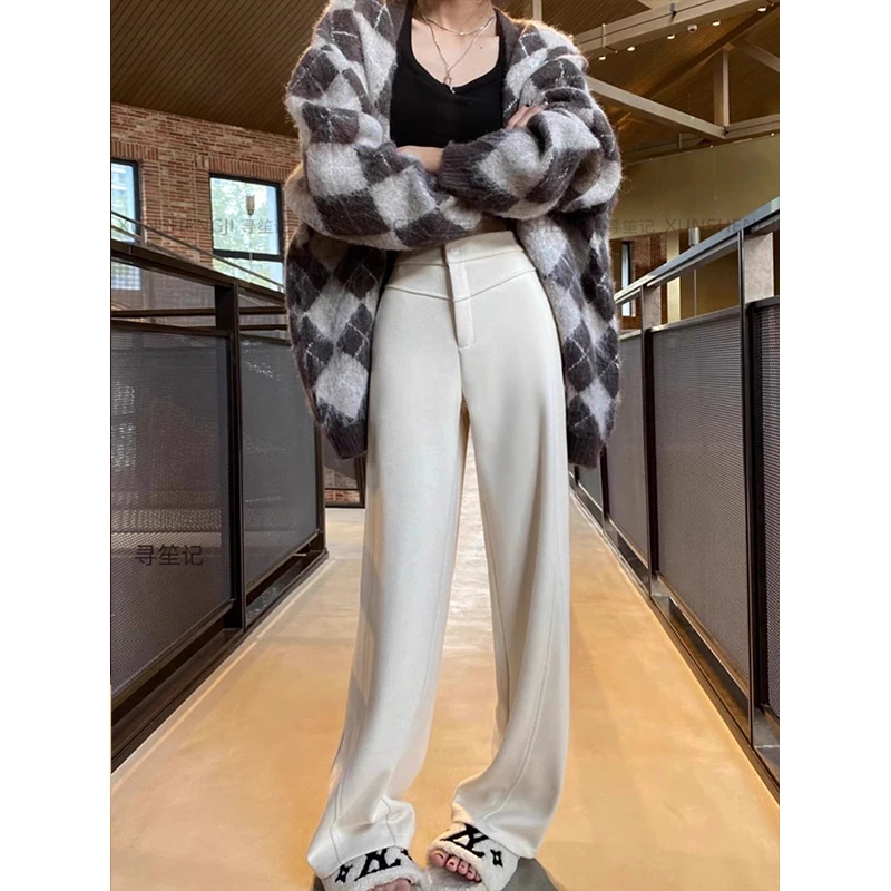 白色香蕉裤女秋冬季款加厚直筒窄版阔腿裤休闲裤毛呢垂感弯镰刀裤