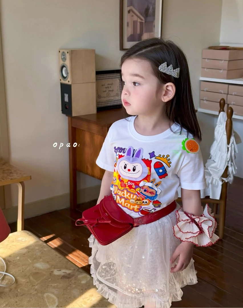 儿童夏季立体玩偶短袖紫色labu卡通印花图案纯棉女童圆领半袖