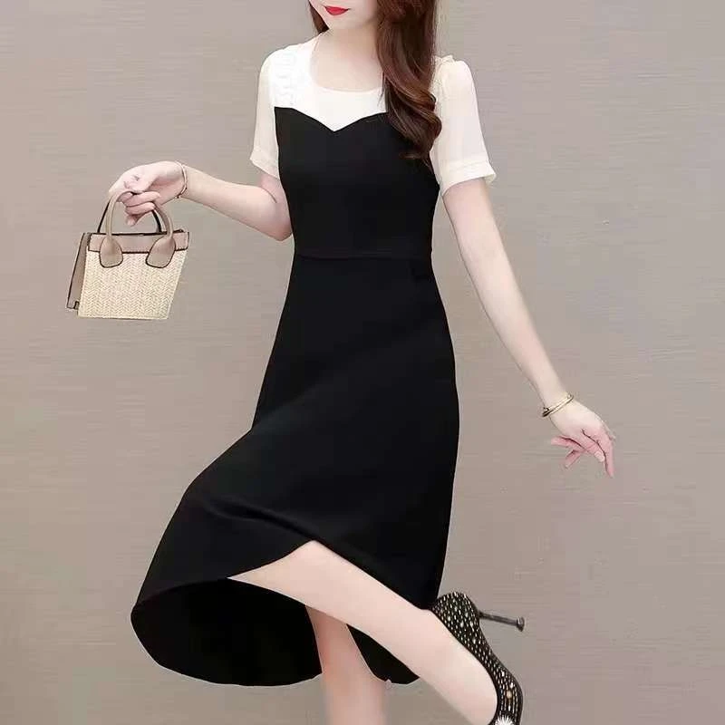 法式小黑裙2025新款夏装女时尚高级感拼接收腰显瘦流行连衣裙