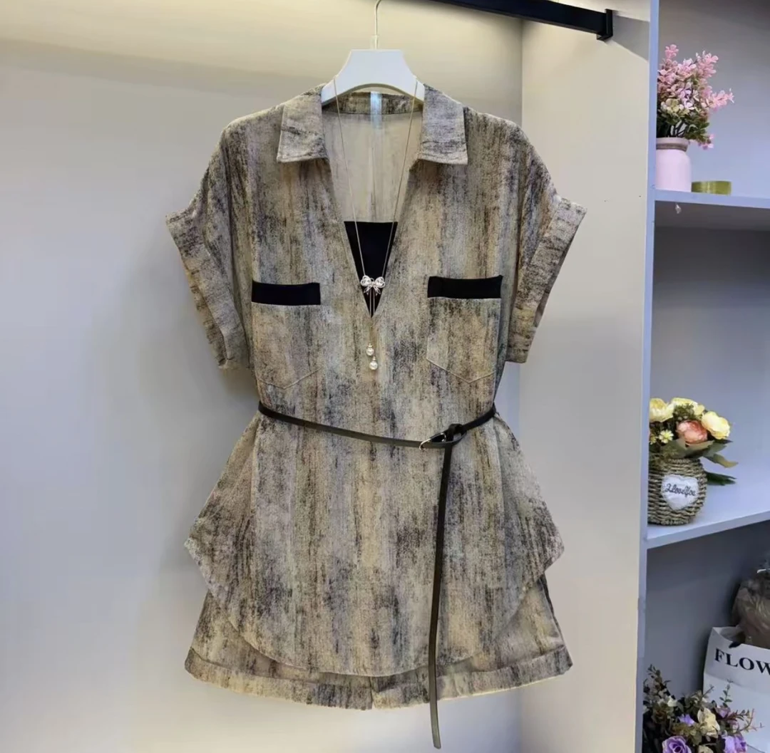 胖妹妹大码女装复古POLO衫短袖上衣+短裤两件套夏季新款时尚套装