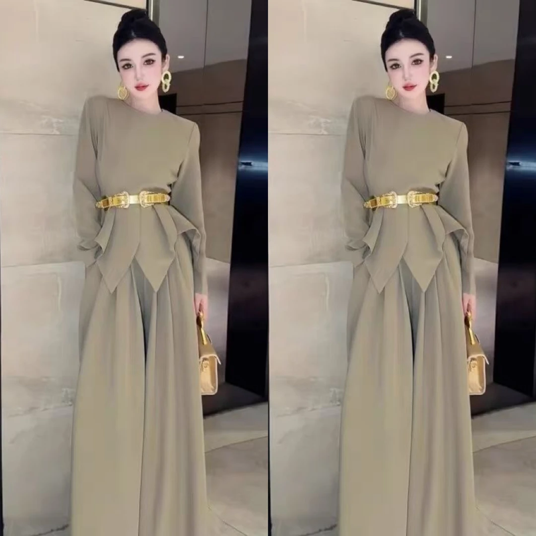 高级感卡其西服套装女2025春季御姐范收腰上衣高腰阔腿裤裙两件套