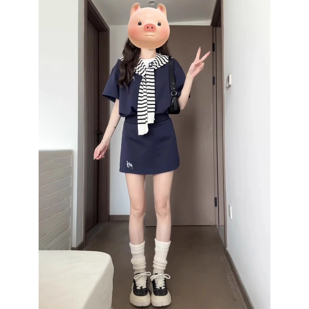 韩系减龄休闲运动服套装女夏季2025新款时尚假两件短袖短裙两件套