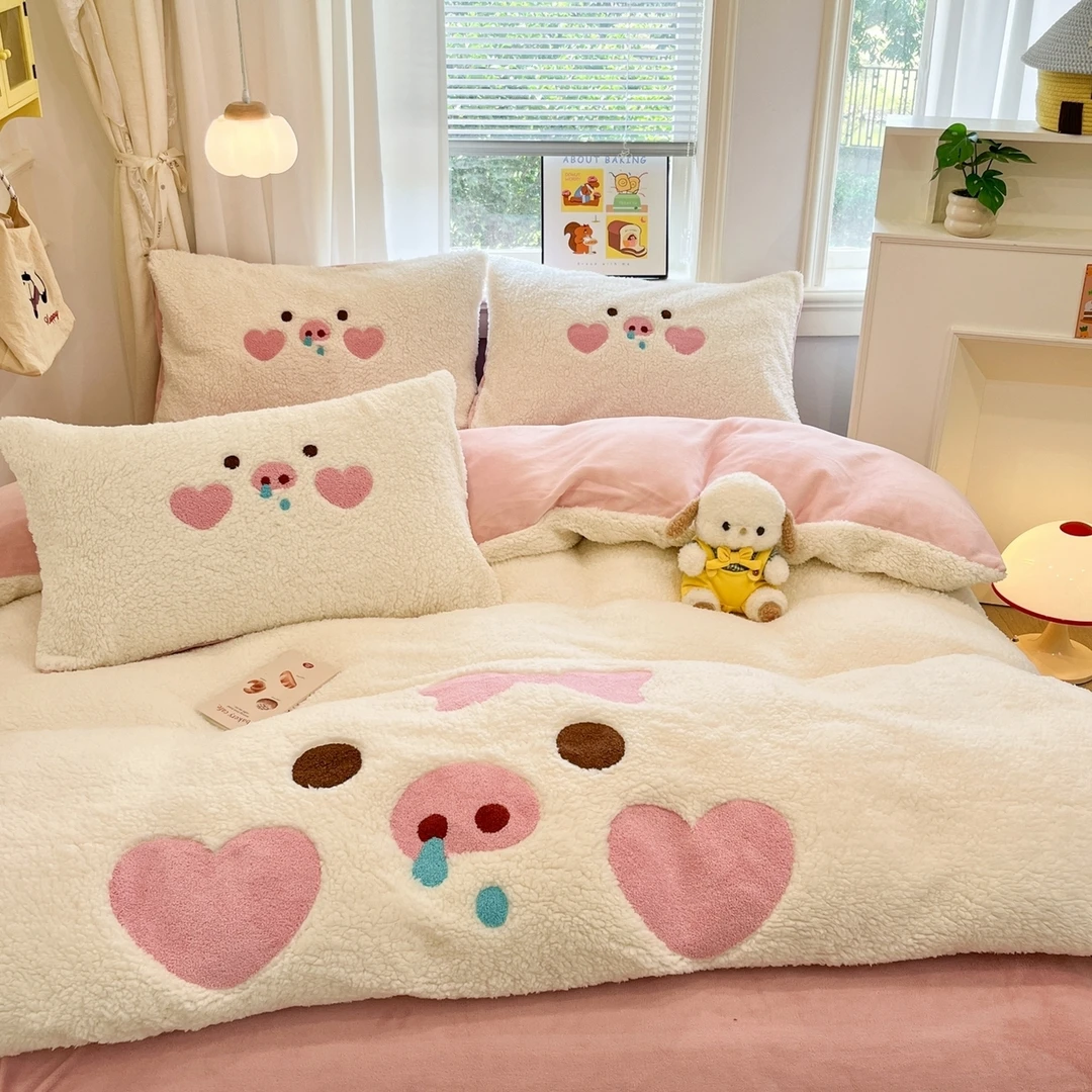 加厚羊羔绒牛奶绒四件套可爱鼻涕猪加绒床单被套