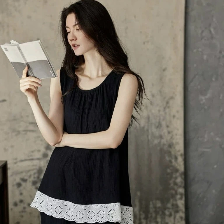 新款蕾丝花边背心长裤纯棉纱睡衣女士春夏季薄款可外穿家居服套装