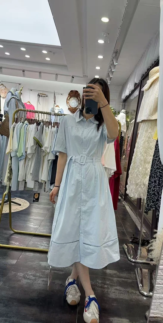 夏清凉透气淑女气质纯色简约显瘦翻领中长款连衣裙通勤高雅衬衫裙