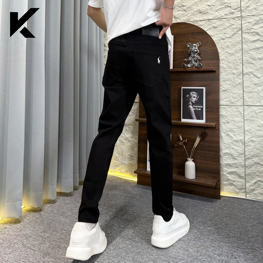 秋季新款潮流简约黑色牛仔裤纯色百搭刺绣男士修身小脚显瘦长裤