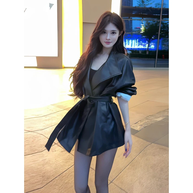 美式辣妹黑色覆古炸街皮衣女2025年秋季新款时尚收腰显瘦翻领外套