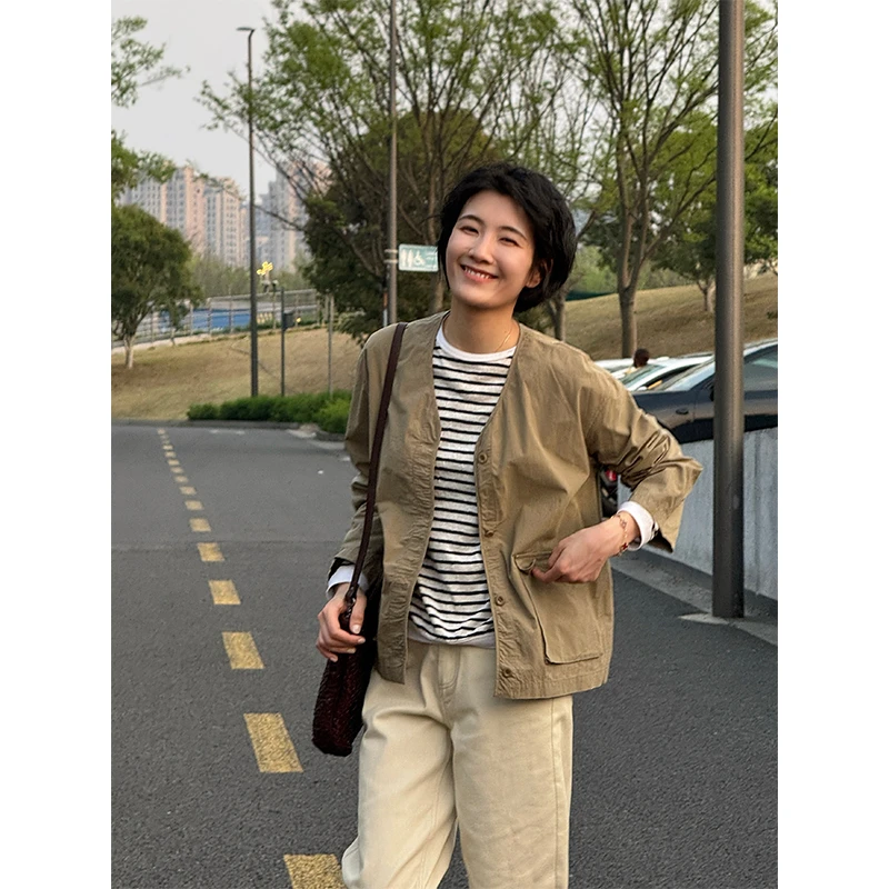 LANGQING 卡其色纯棉复古宽松v领时尚外套43868#