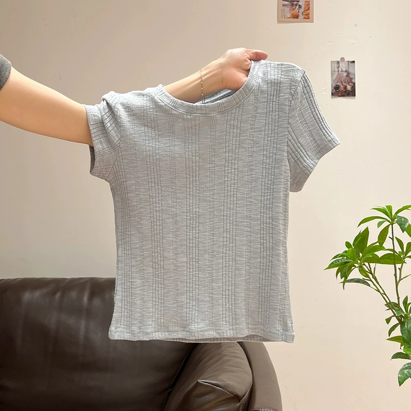 韩系圆领竖条纹设计感短袖T恤2025夏季天蓝色修身百搭小上衣女装