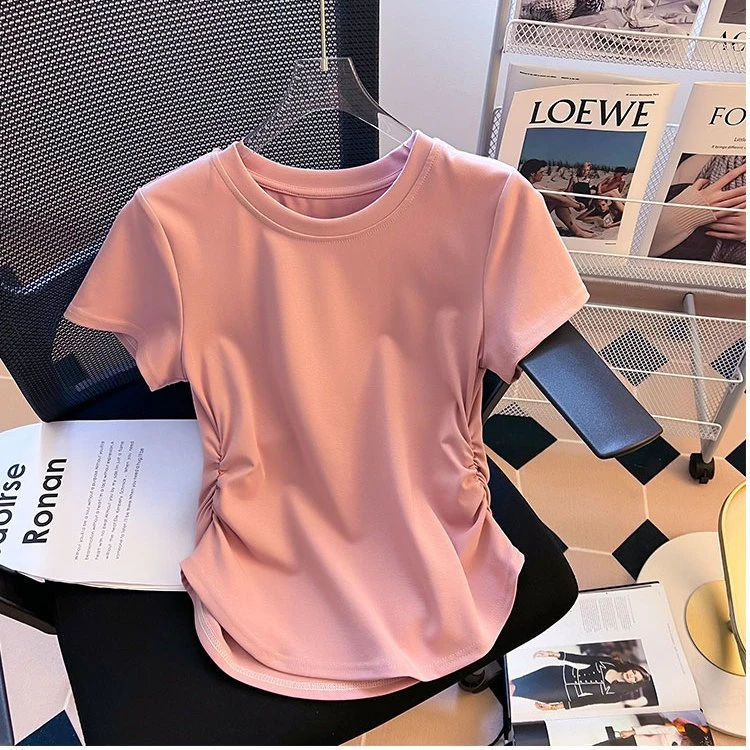 短袖T恤女夏季款设计感小众褶皱收腰上衣不规则弧形下摆体恤气质
