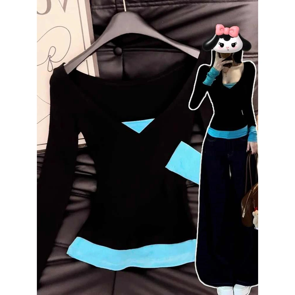 上身超惊艳！小个子辣妹撞色拼接长袖t恤女春秋设计感小众修身上衣