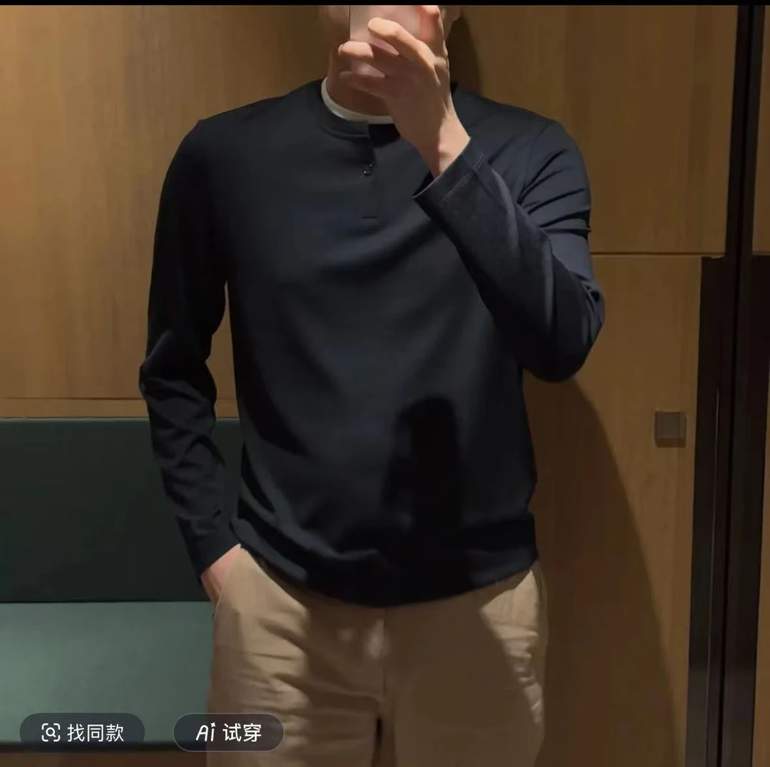 【轻奢】秋季男士简约时尚拼色高级感圆领一粒扣长袖T恤秋季打底衫