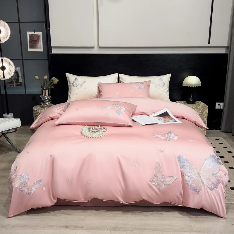 【晴美】简约轻奢全棉刺绣四件套-复刻蝴蝶-珍珠粉