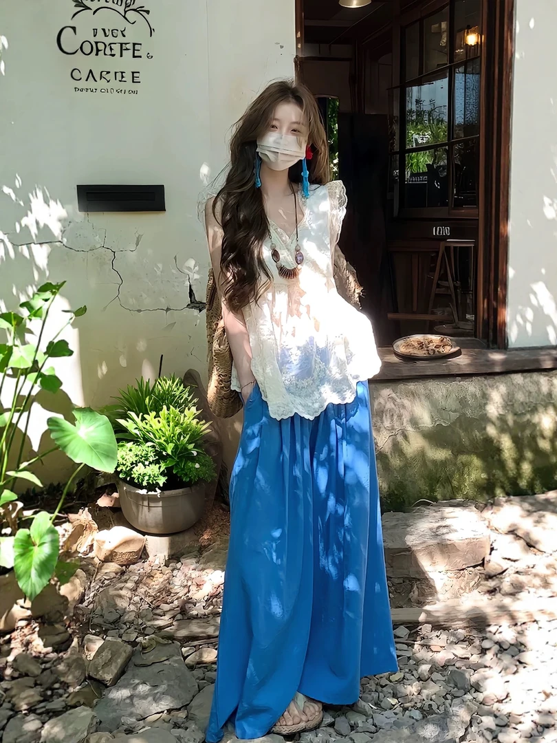 【全额运补】田园穿搭V领蕾丝边飞袖微透上衣+阔腿休闲裤小衫套装