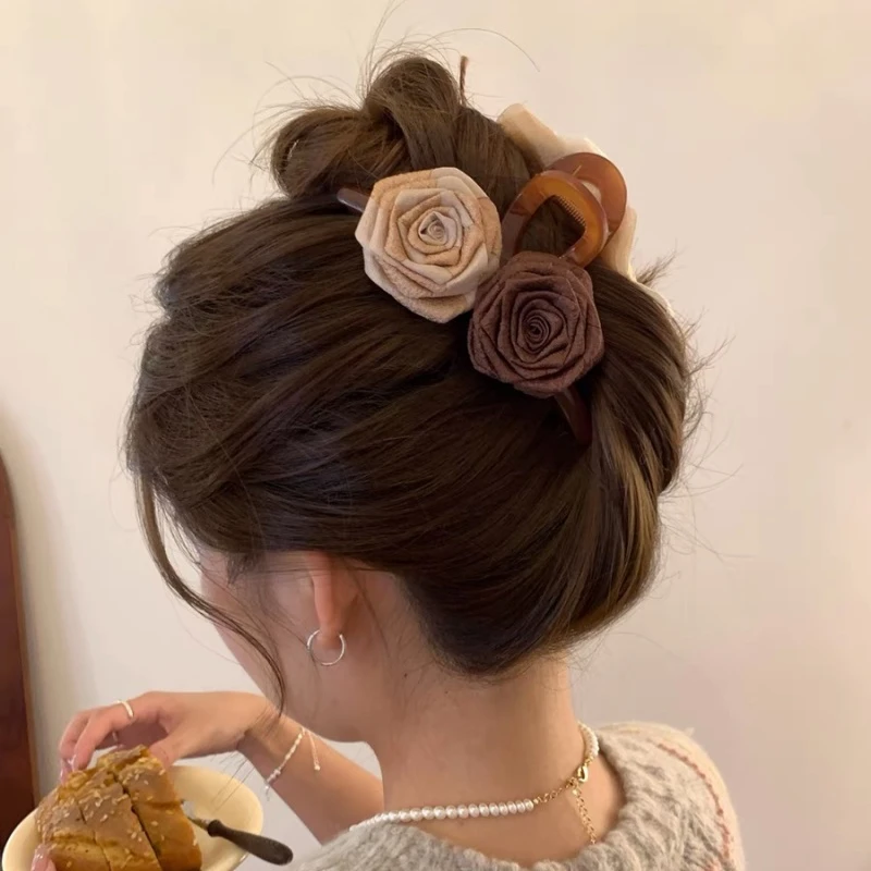 干枯玫瑰美拉德花朵抓夹女春夏大号发夹后脑勺鲨鱼夹百搭发抓发饰