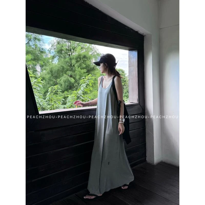 『PEACHZHOU』U领垂感显瘦懒人背心裙休闲纯色松弛长款无袖连衣裙