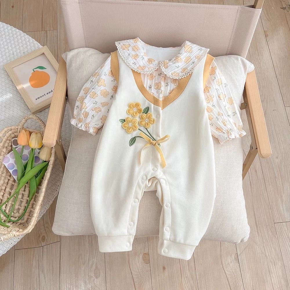 X【优选】婴幼儿春秋新生儿花朵哈衣女宝宝假两件长袖碎花连体sy