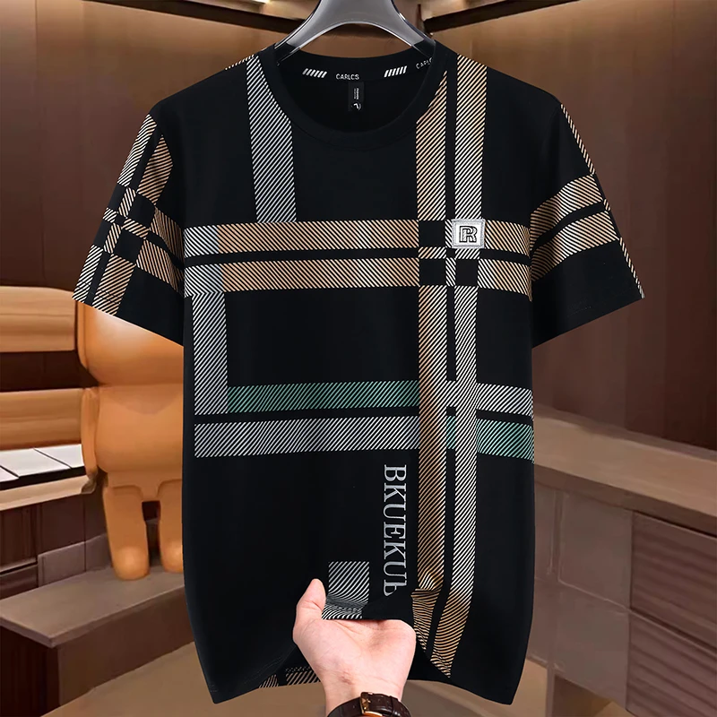 薄款夏季几何圆领短袖T恤上衣潮流男士休闲半袖条纹印花运动时尚