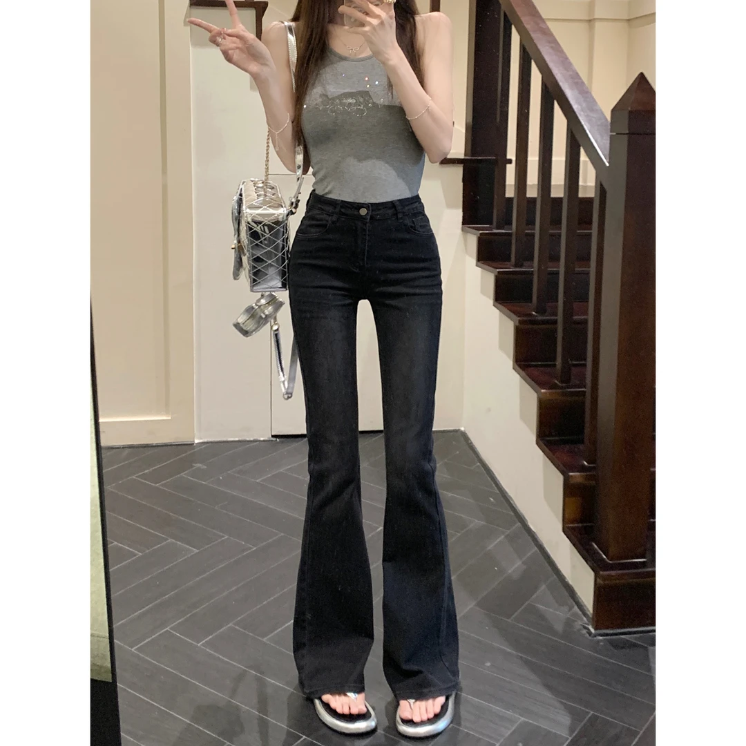 黑灰微喇牛仔裤女2025年春秋高腰显瘦修身复古弹力阔腿马蹄喇叭裤