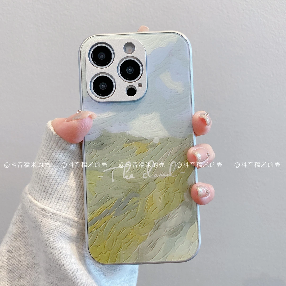 （苹果）金属玻璃适用苹果16promax/15/14/13/12/11手机壳英文油画