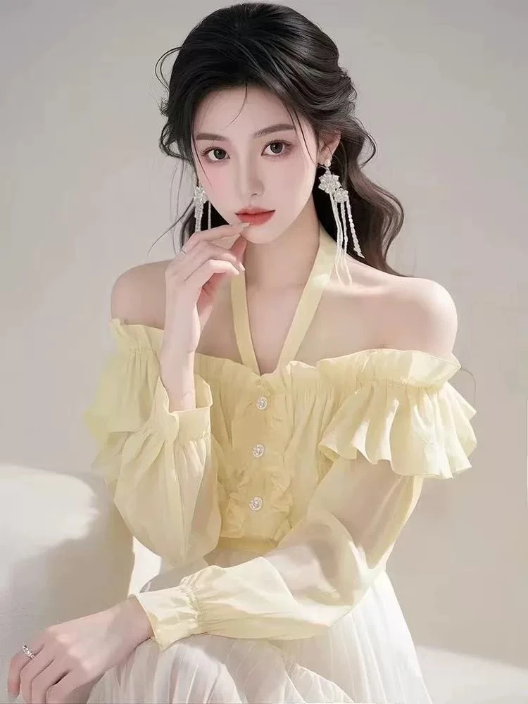 长袖吊带衬衫女新款甜美荷叶边单排扣小衫女挂脖露肩打底上衣潮