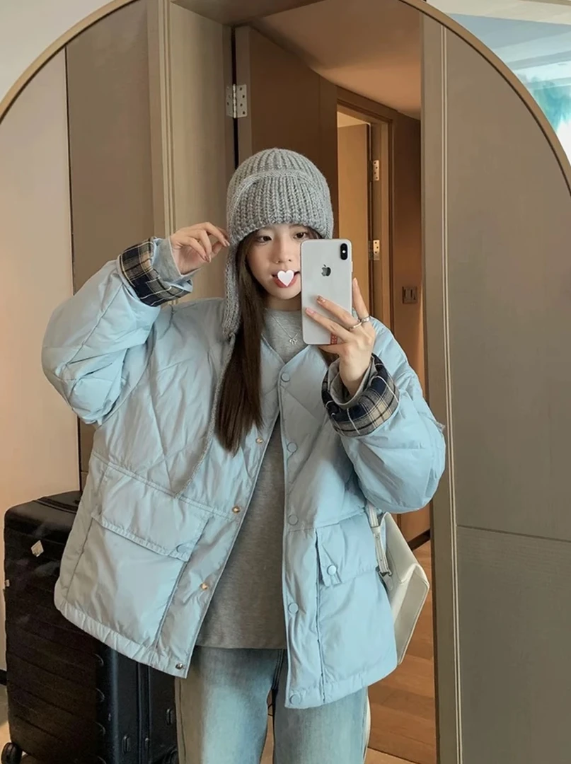 薄款格子常规款圆领常规拼接棉服女宽松型厚款长袖202