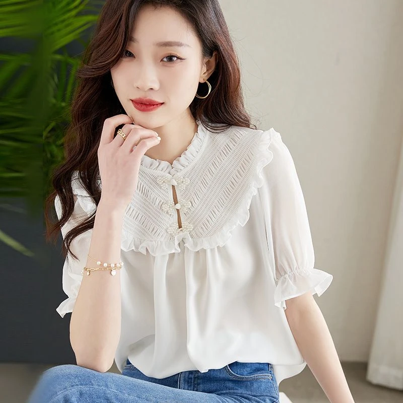 2025夏季新款中式盘扣雪纺衫女复古衬衫木耳边领蕾丝