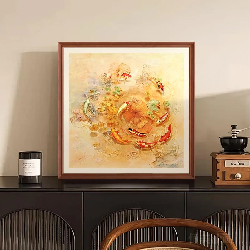 九鱼图手绘油画玄关装饰画餐厅锦鲤挂画中古风轻奢壁画年年有余