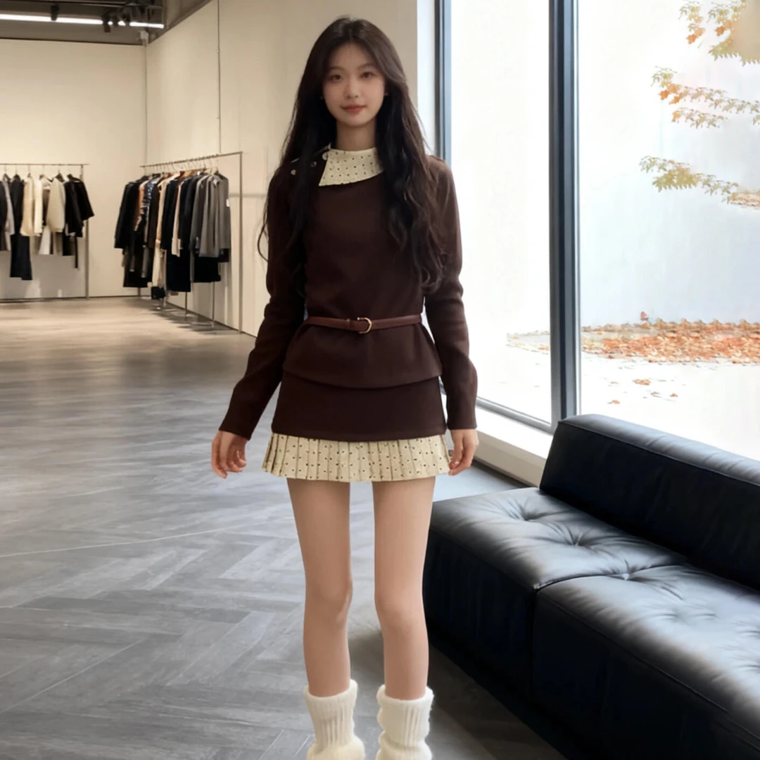 韩系针织连衣裙子女2025新款秋冬季富家千金穿搭内搭短裙两件套装