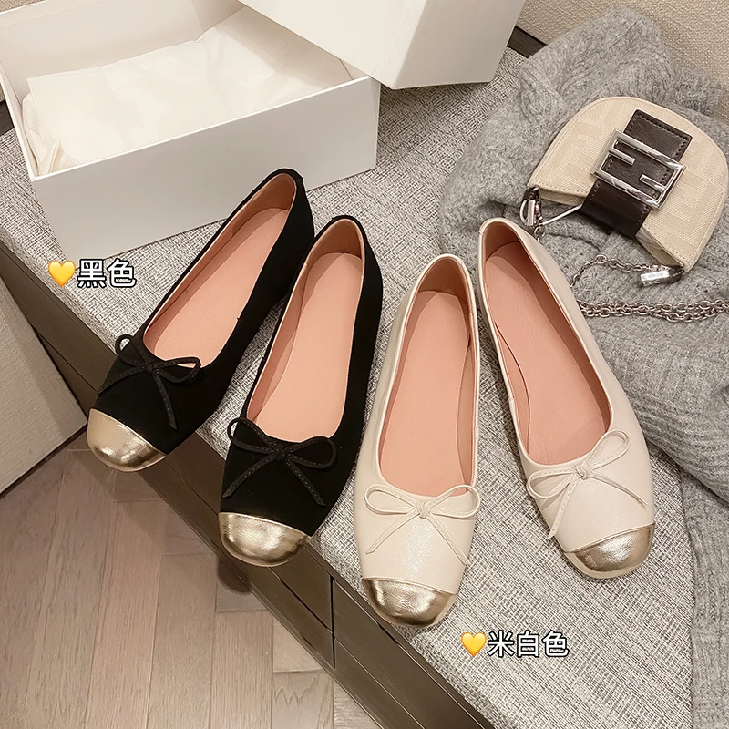 大码女鞋41-43加肥拼色浅口真皮加宽平底鞋软底胖脚小香风单鞋女