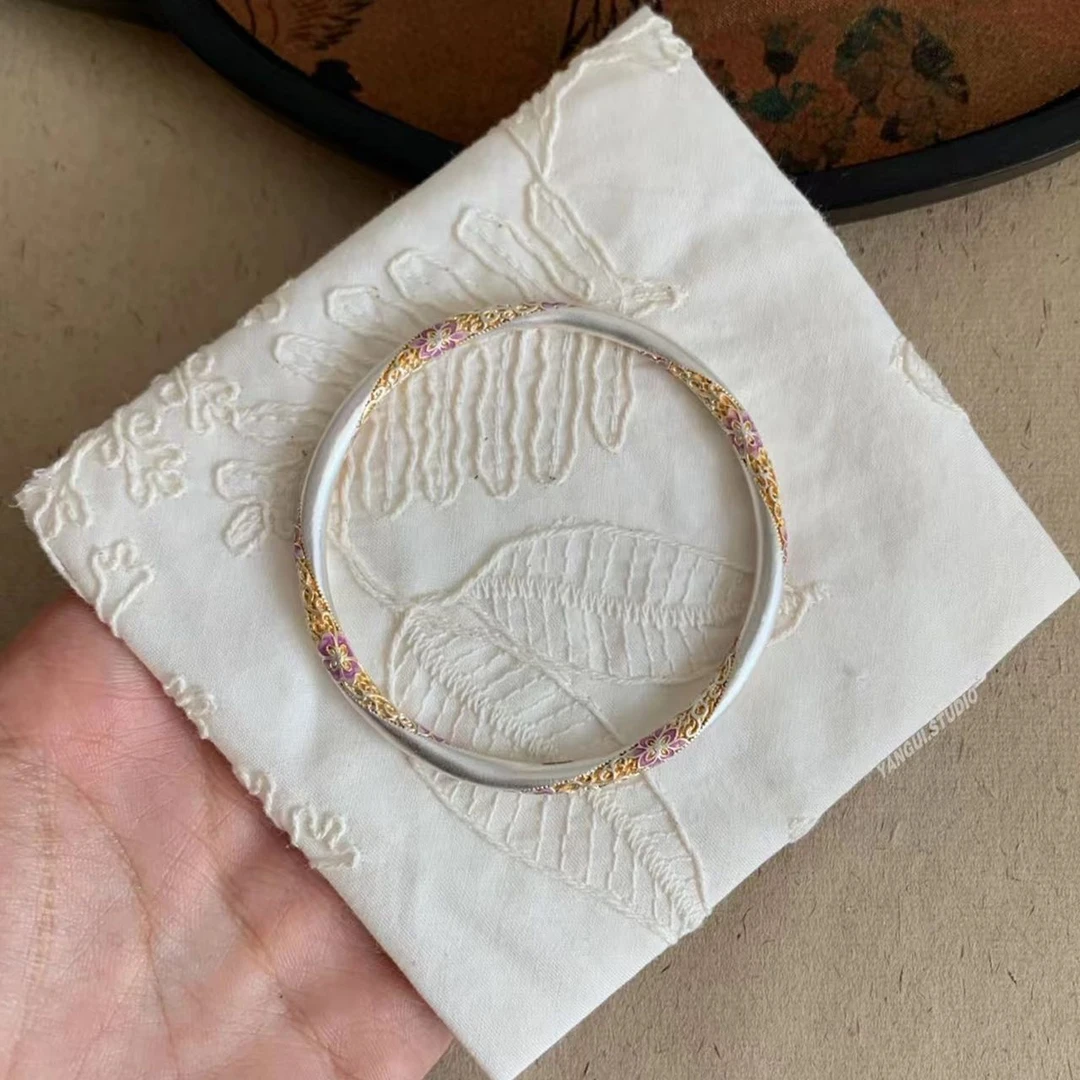 足银手镯 朝花夕拾足银999.9闭口镯百搭珐琅彩重工实心