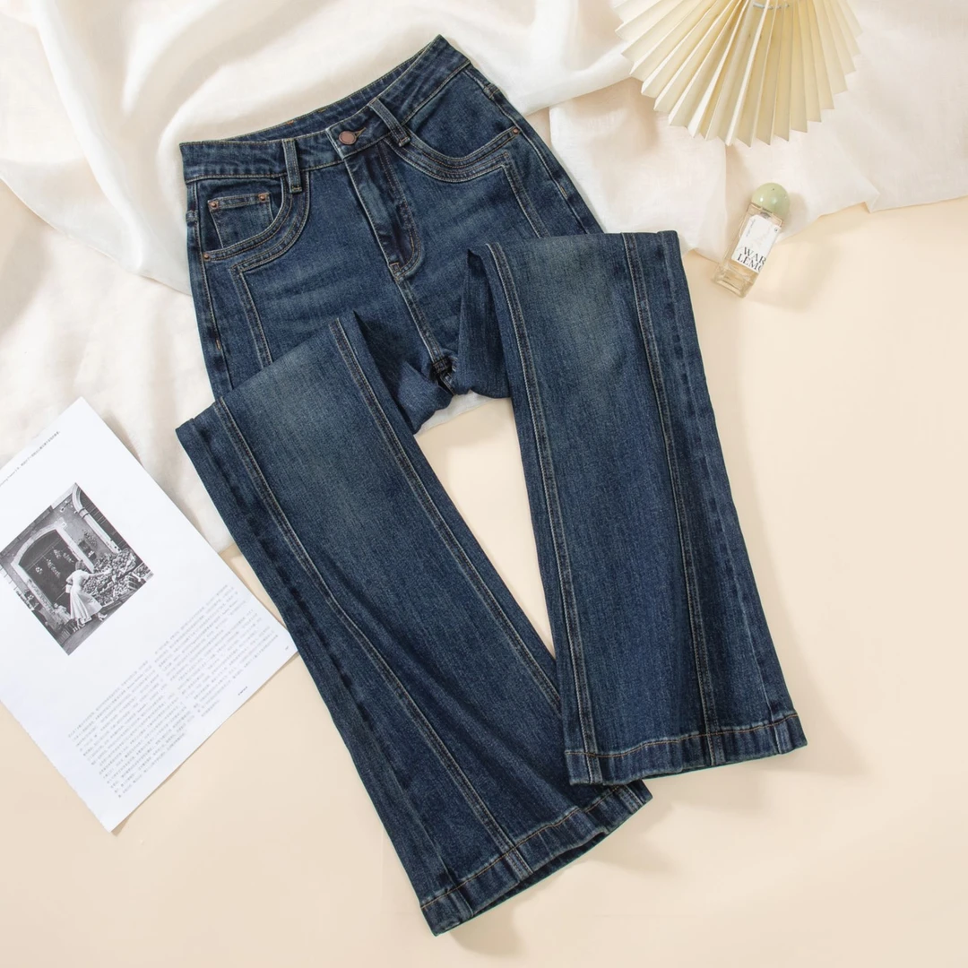 拼接不贴腿微宽松九分微喇裤女士秋冬款高腰显瘦小个子八分喇叭裤