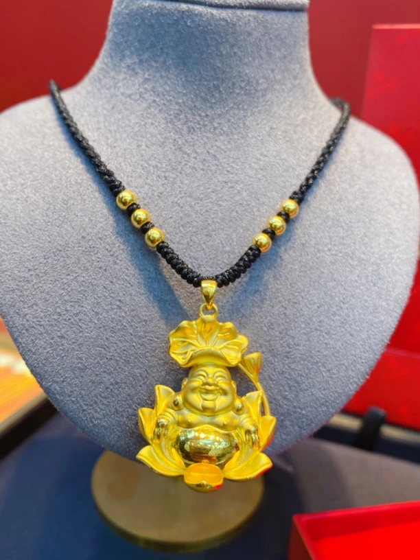 足金999莲花弥勒佛编织项链