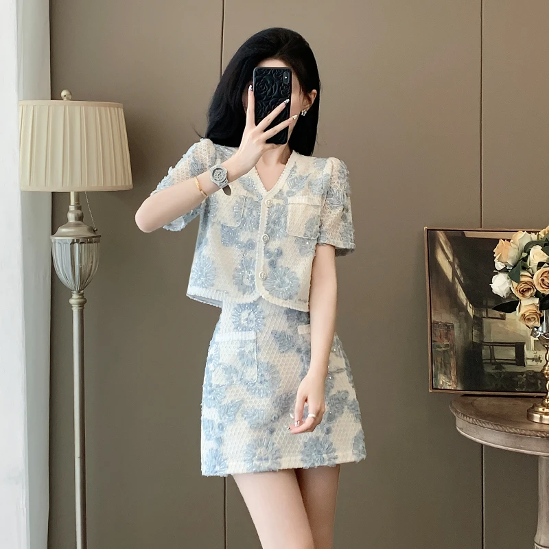 夏季新款短袖法式轻熟风时尚套装小香风碎花气质复古女装洋气裙子
