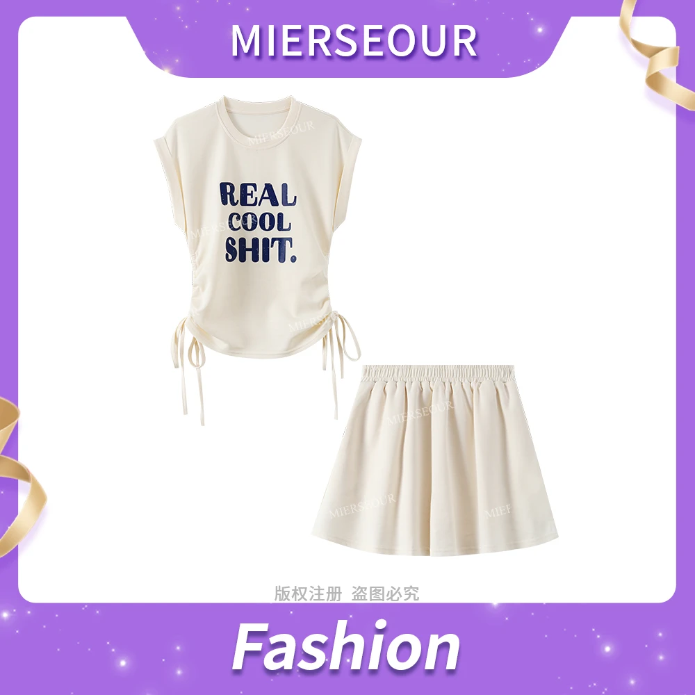 夏季新款时尚字母印花抽褶修身T恤+显瘦百搭短裤两件套0508# sj