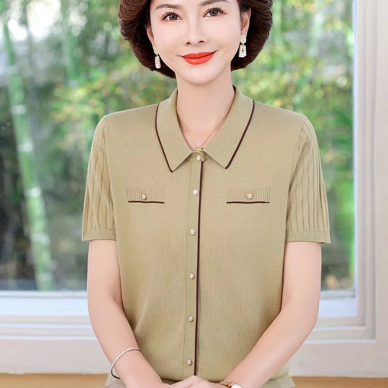 中老年新款洋气夏T恤冰丝针织短袖上衣妈妈宽松翻领时尚打底汗衫