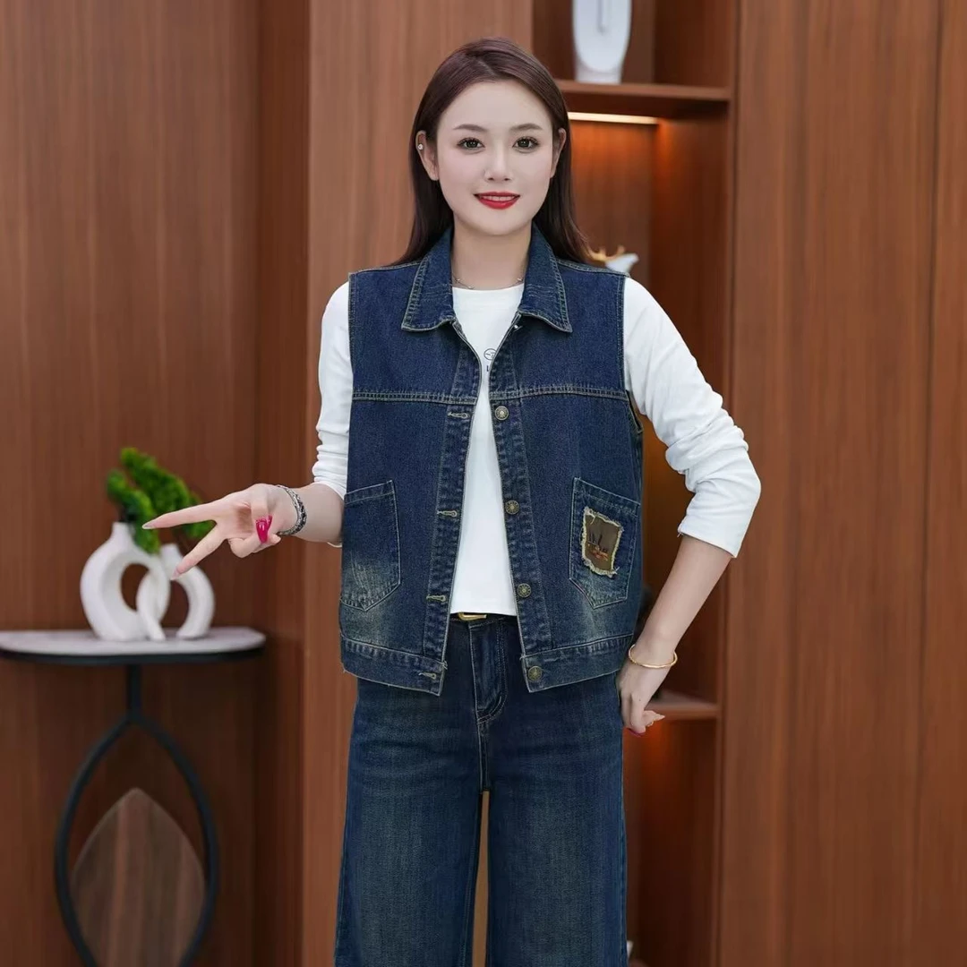 春秋新款牛仔马甲女时髦简约慵懒松弛百搭复古个性贴布马夹坎肩潮