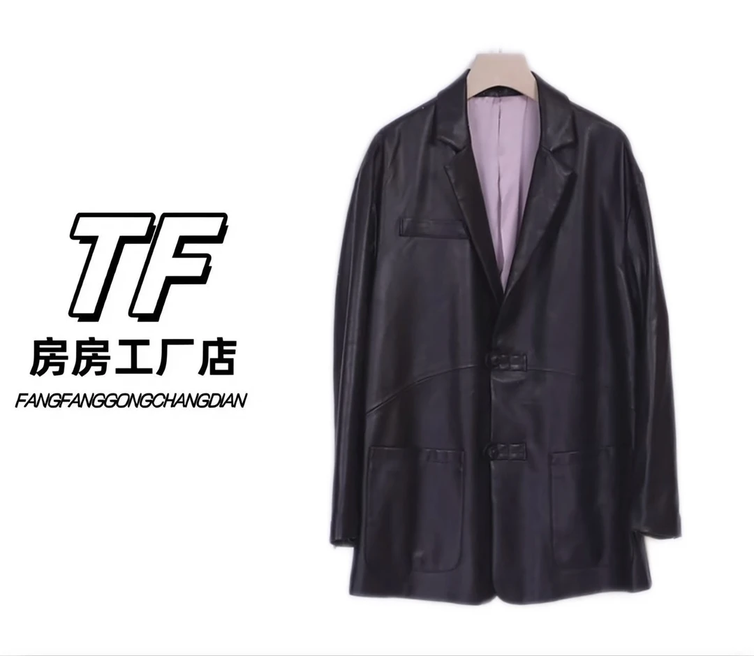 2408 设计师复古港风酷飒风衣外套皮衣翻领时尚中长款