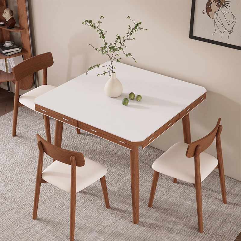 北欧风岩板胡桃木色折叠餐桌椅组合家用实木简约方型变圆型吃饭桌