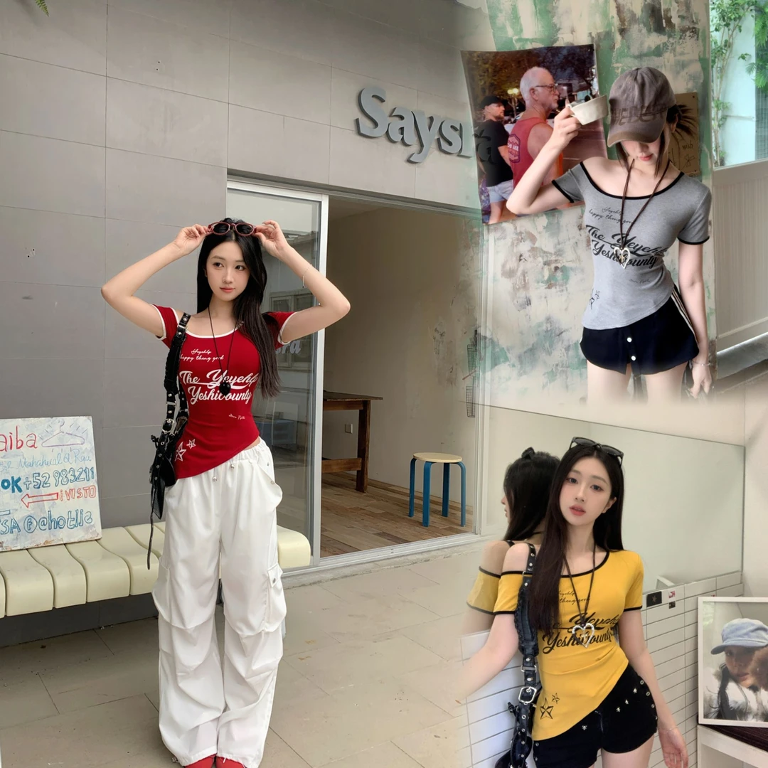 美式辣妹印花拼色不规则短袖斜肩T恤女夏季修身显瘦露肩上衣