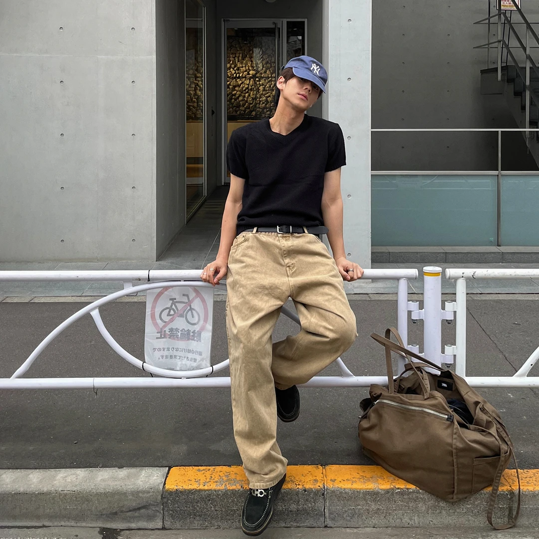 卡其色水工装风牛仔裤男春秋潮流百搭复古街头个性宽松阔腿长裤