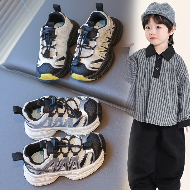 官方正品秋季新款男童鞋子皮面防水运动网红儿童鞋子一脚蹬跑步鞋