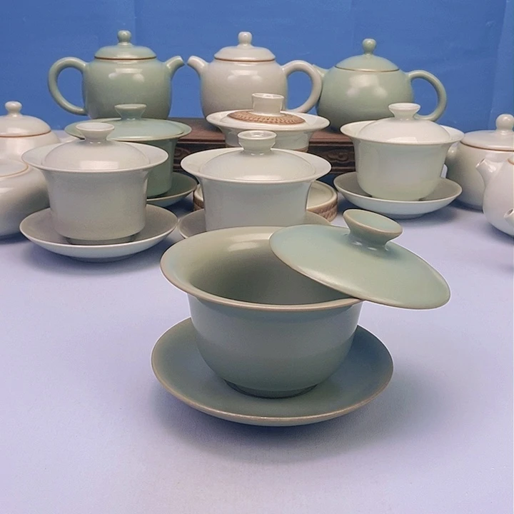 碗仿古青绿釉三财元宝盖碗原矿原釉原产地