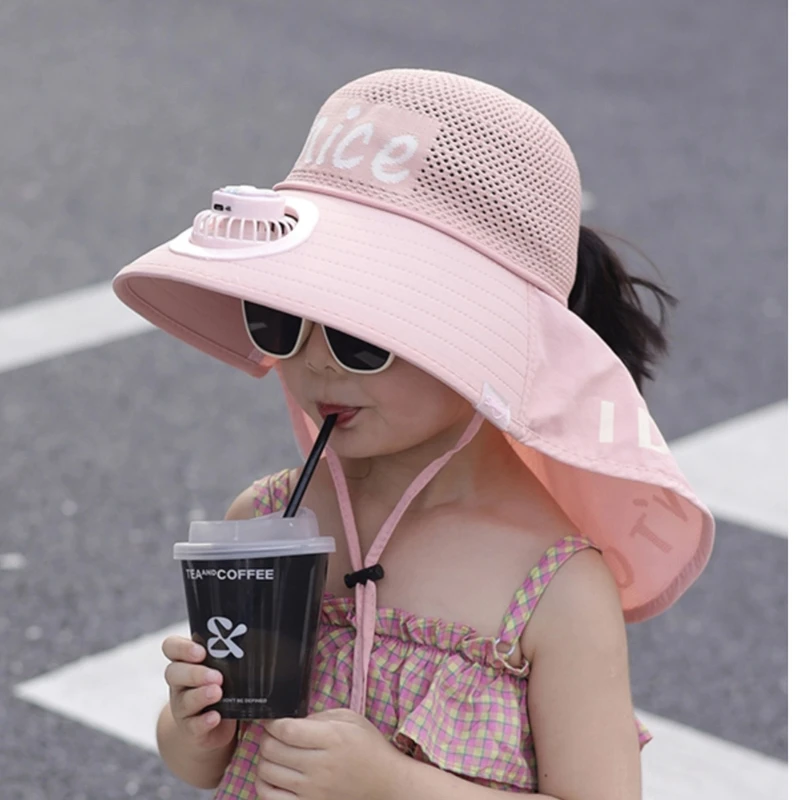儿童遮阳风扇帽夏天男孩防晒帽nice字母女孩太阳帽户外大檐披肩帽