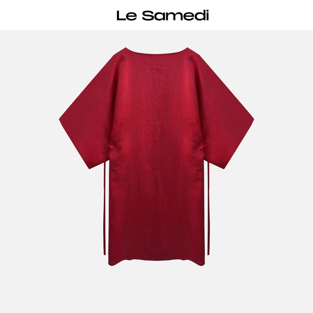 Le Samedi【纵情霓虹】 东方檀道 阔袖一字领 定染亚麻红连衣裙