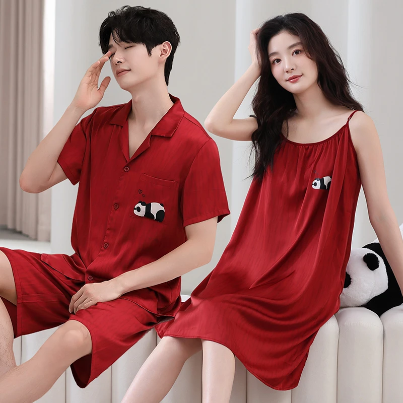 情侣睡衣夏季新款冰丝吊带睡裙女红色喜庆新婚男士大码家居服套装
