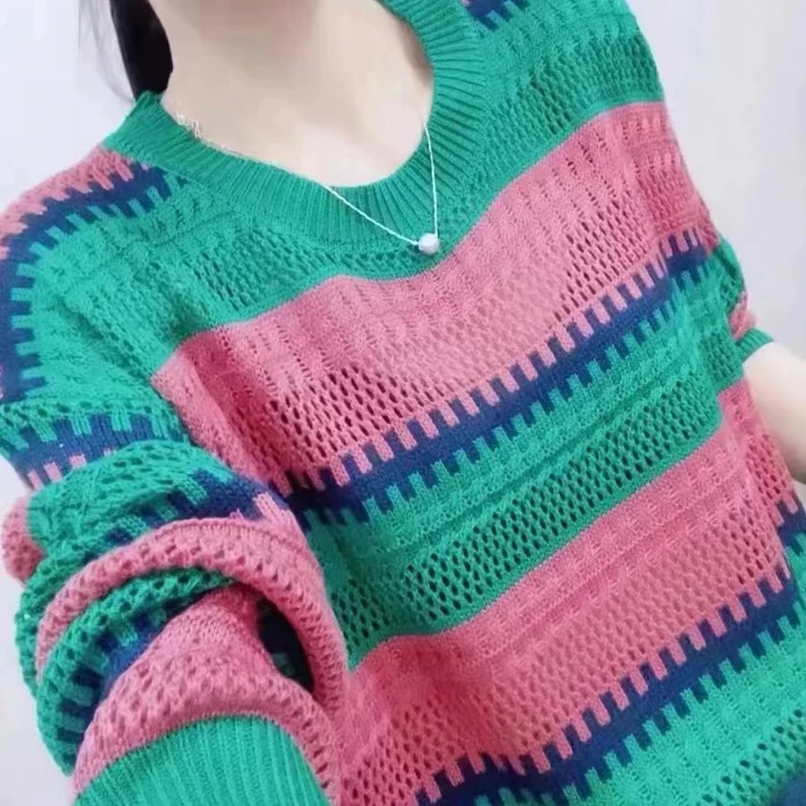 165韩版宽松衫镂空针织小衫拼色女上衣毛针织衫长袖百搭女装