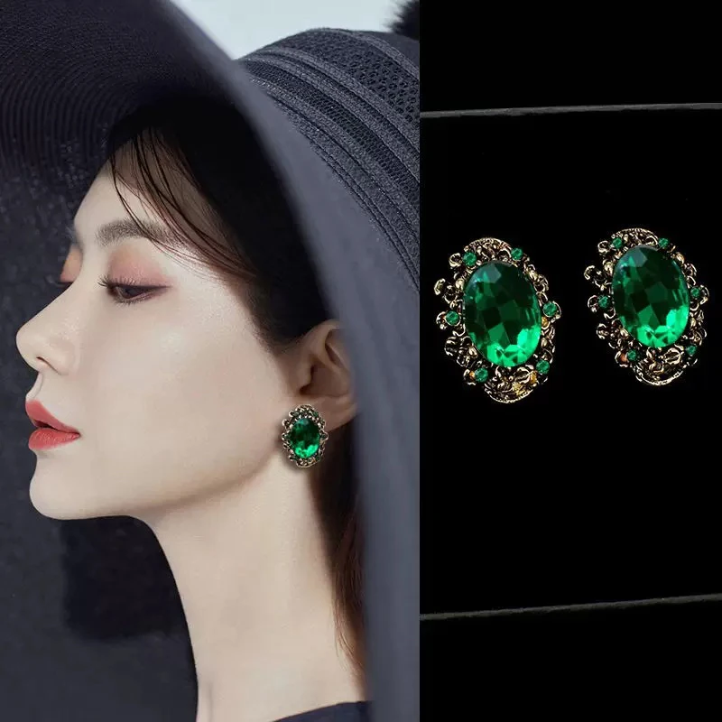 铜合金耳饰 T.Q【绿意盈心】戚薇同款小众轻奢绿色耳钉镶钻
