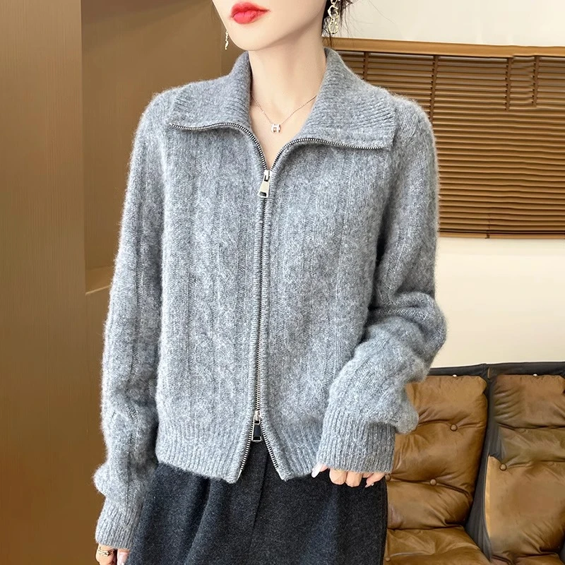 专柜正品翻领羊毛开衫女宽松百搭春装拉链短款毛衣羊绒针织外套